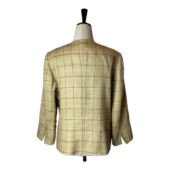 Max Mara Tan And‎ Black Plaid Silk And Linen Blend Two Button Blazer Size 12 - Picture 2 of 13